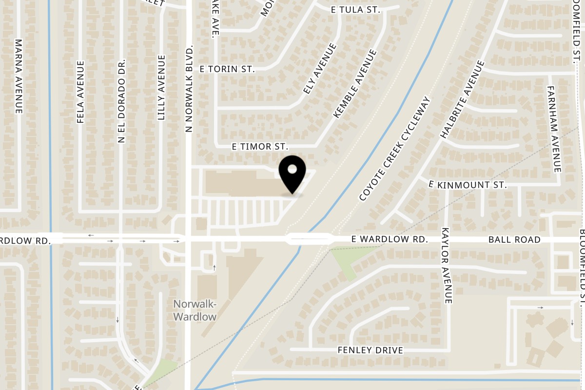 Map showing the location of Benley Vietnamese Kitchen on 8191 E Wardlow Rd in Long Beach